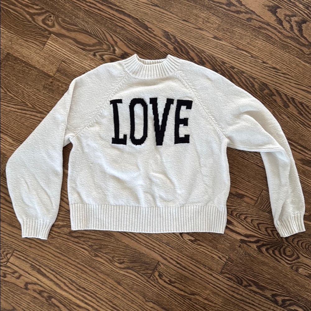 Old Navy White and Black Crewneck Sweater Love Design